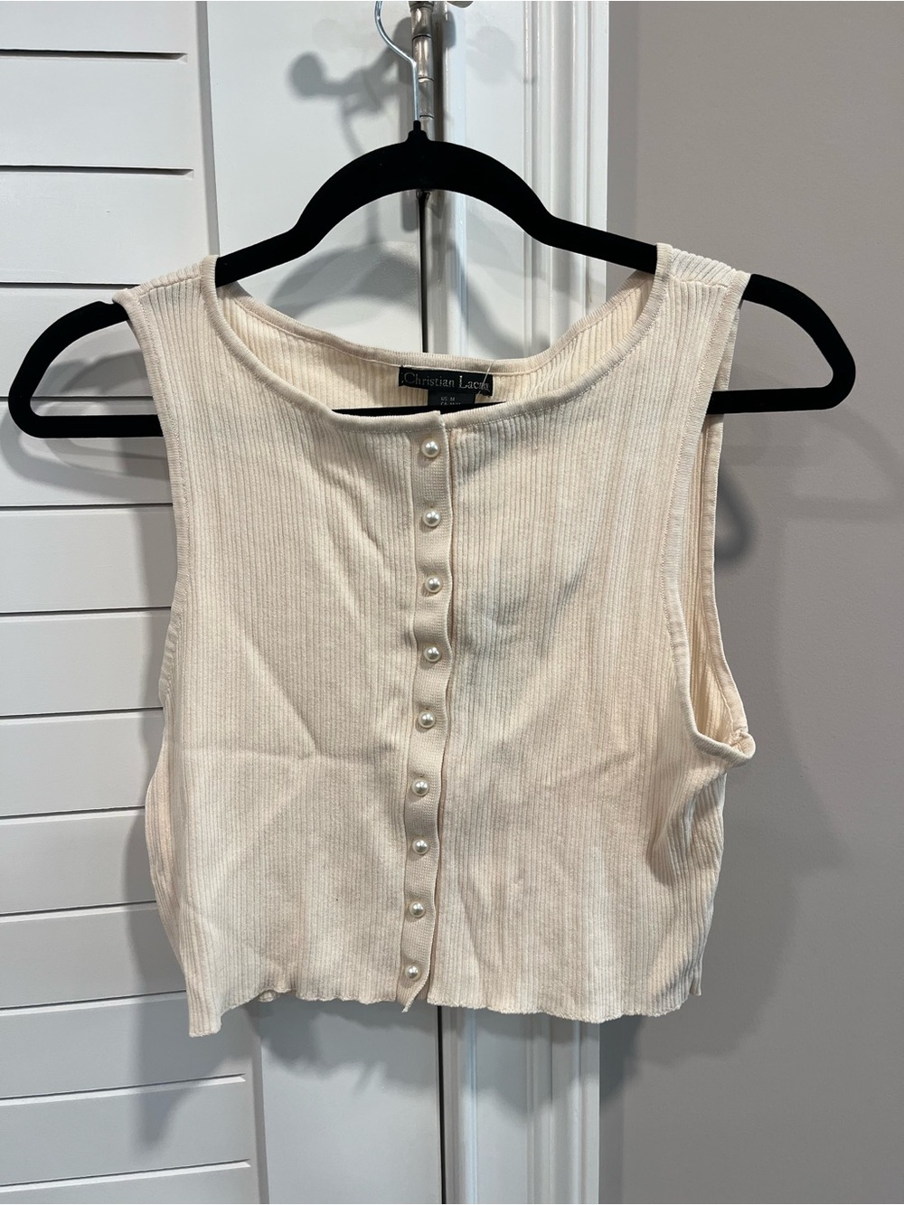 Christian Lacroix Cream Rib-Knit Cropped Tank with Pearl Buttons NWT — M